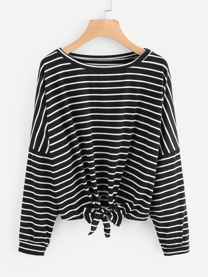 Romwe Striped Drop Shoulder Tie Front Tee
