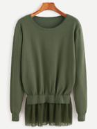 Romwe Olive Green Dot Mesh Trim Pullover Sweater