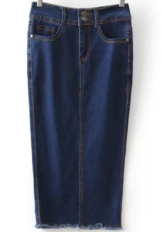 Romwe Navy High Waist Fringe Split Denim Skirt