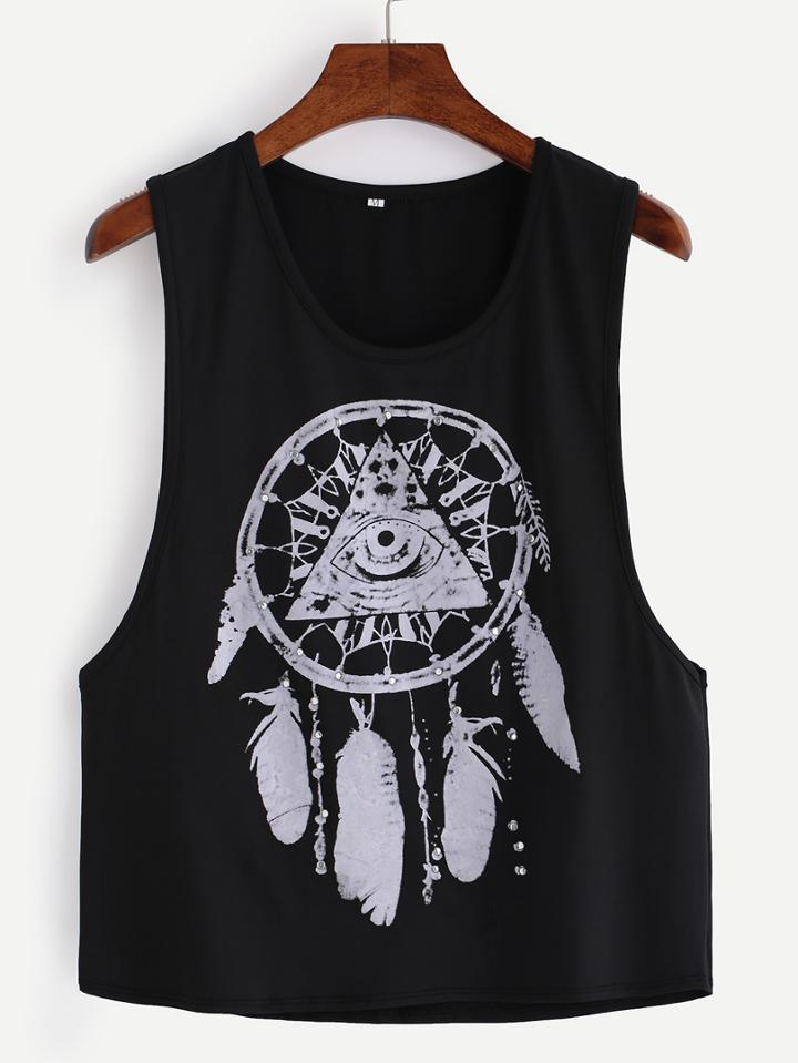 Romwe Rhinestone Feather Print Black Tank Top