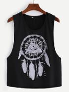 Romwe Rhinestone Feather Print Black Tank Top