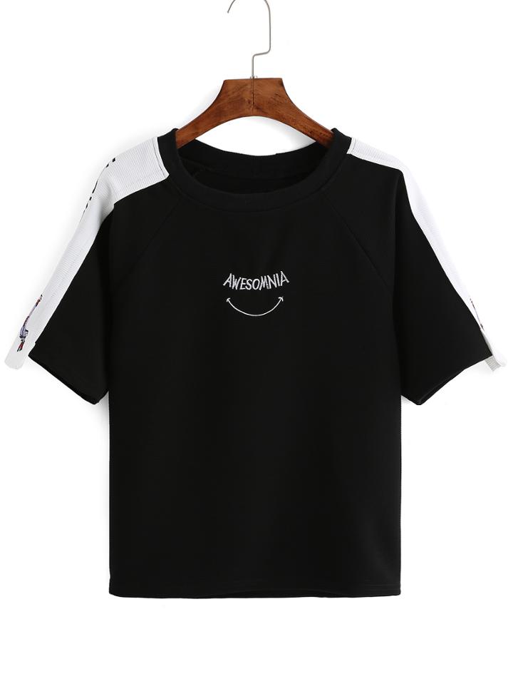 Romwe Raglan Sleeve Contrast Pistol Embroidered T-shirt