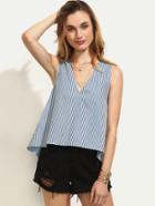 Romwe Blue Striped Bow Split Back V Neck Tank Top