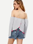 Romwe Grey Tassel Tie Off The Shoulder Pom-pom Trim Blouse