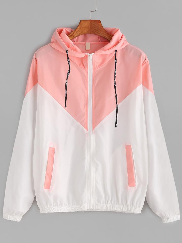 Romwe Contrast Drawstring Hooded Zip Up Jacket
