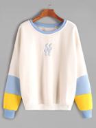 Romwe Beige Drop Shoulder Contrast Embroidered Sweatshirt