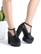 Romwe Black Ankle Strap Pu Platform Heels