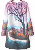Romwe Multicolor Long Sleeve Landscape Deer Print Dress