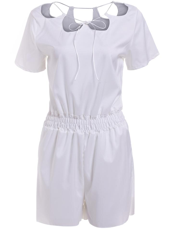Romwe Short Sleeve Hollow White Romper