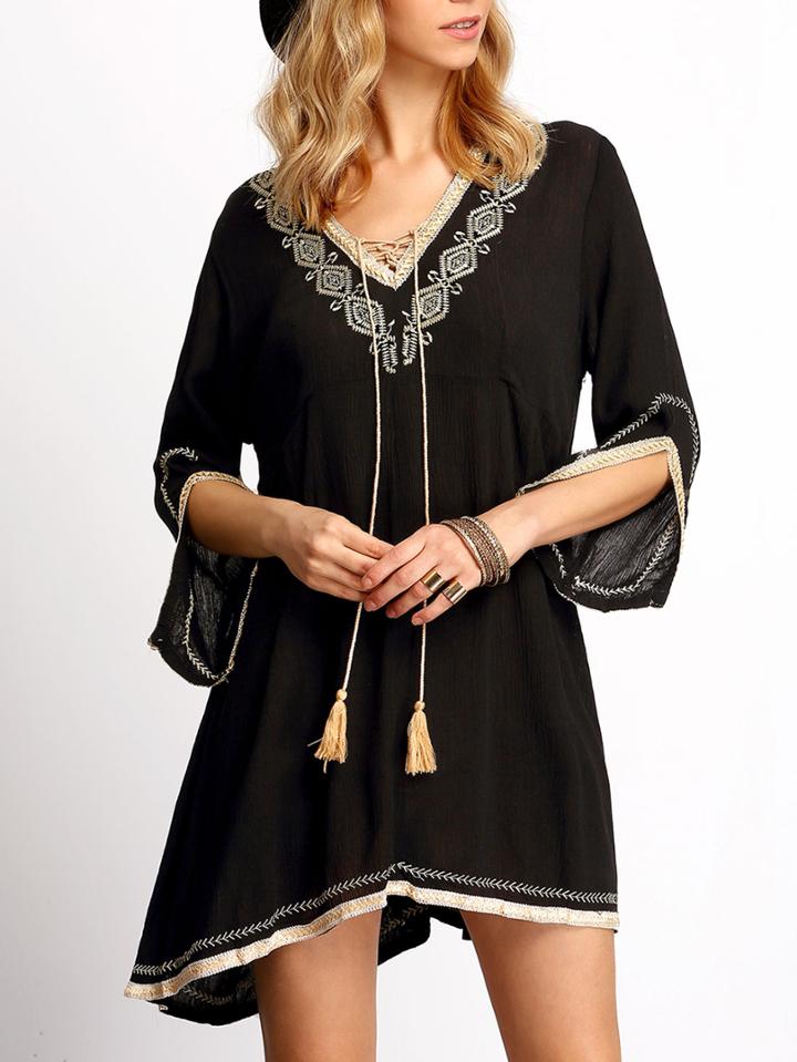 Romwe Black V Neck Embroidered Shift Dress