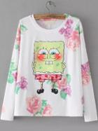 Romwe Spongebob Flower Print White T-shirt