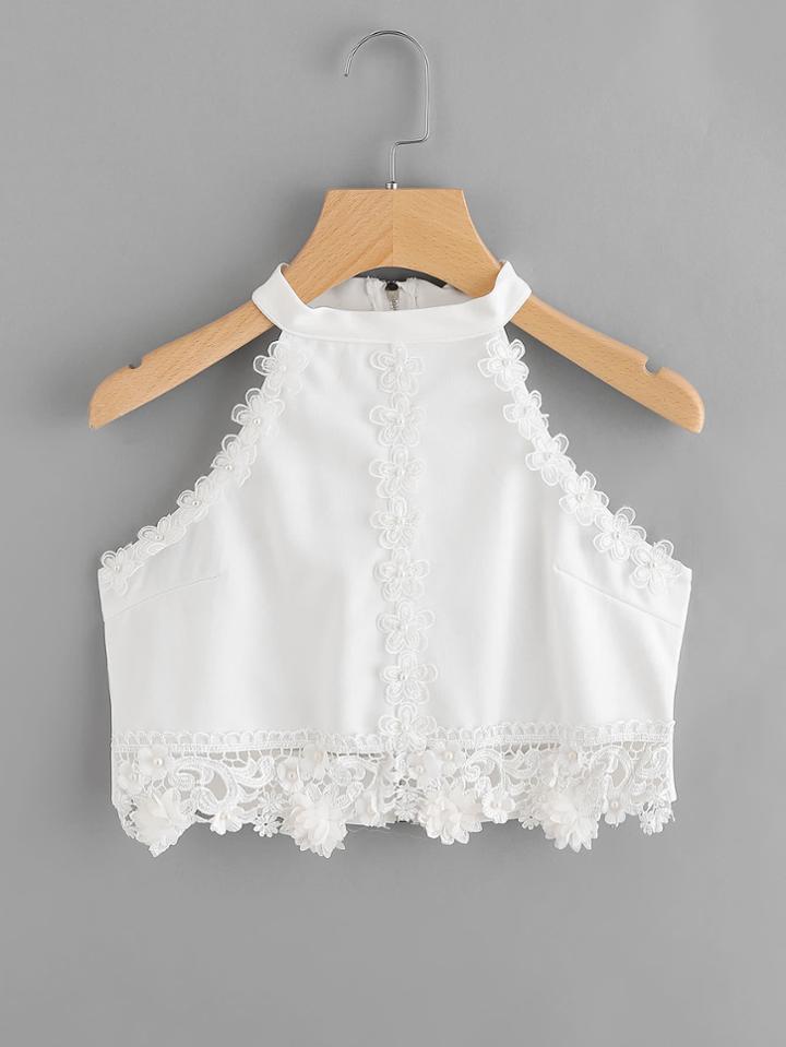 Romwe Flower Applique Embellished Zipper Back Crop Top