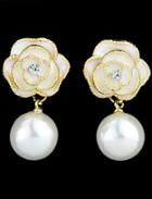 Romwe White Flower Pearl Gold Dangle Earrings