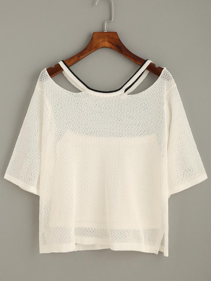 Romwe White Cutout Neck Knit Top With Bandeau
