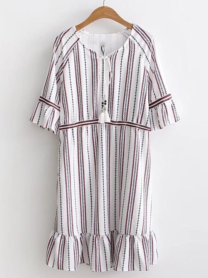 Romwe Raglan Sleeve Ruffle Hem Tassel Tie Dress