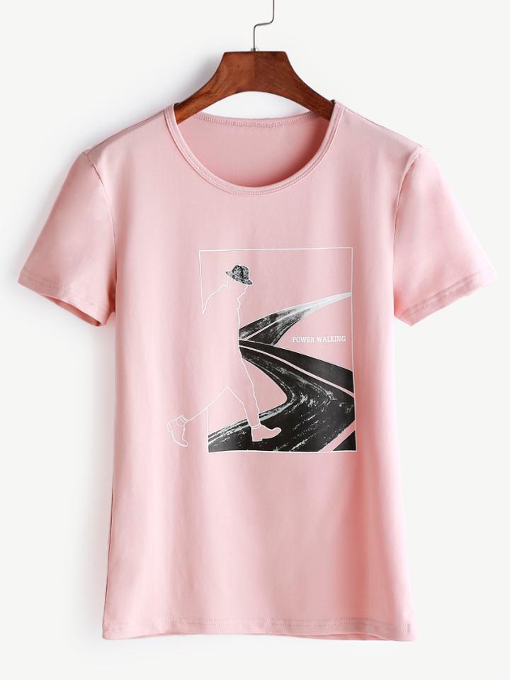 Romwe Pink Man Print T-shirt