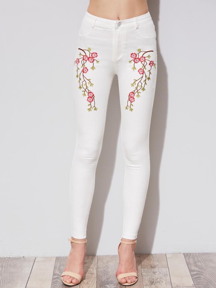 Romwe Blossom Embroidered Super Skinny Pants