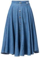 Romwe Blue Buttons Pleated Denim Skirt