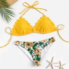 Romwe Scallop Trim Halter Top With Plants Print Bikini Set