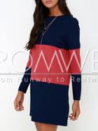 Romwe Navy Long Sleeve Color Block Dress