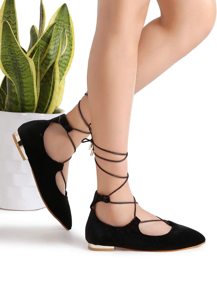 Romwe Black Pointed Toe Lace Up Flat