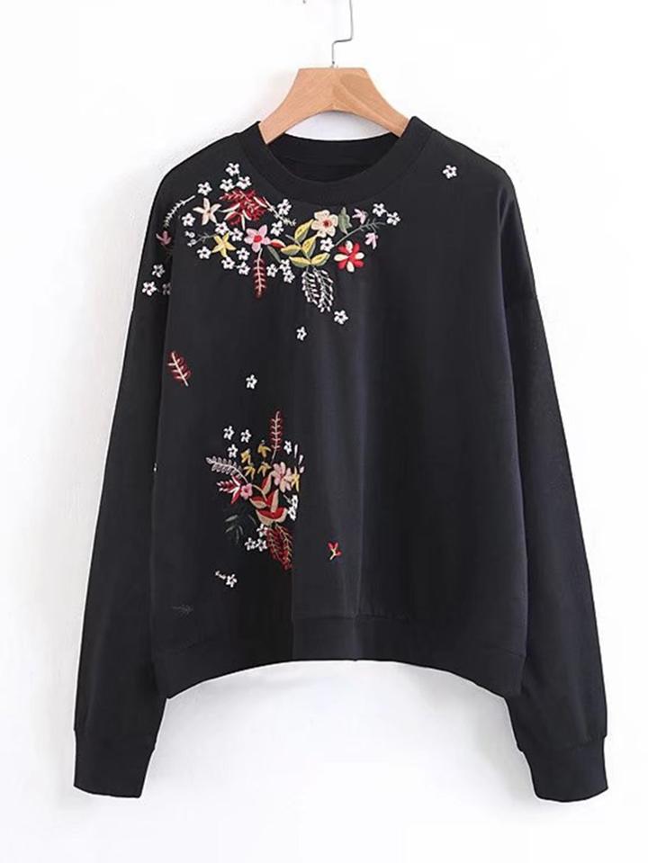 Romwe Flower Embroidery Boyfriend Sweatshirt