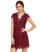 Romwe Burgundy Deep V Neck Cap Sleeve Lace Dress