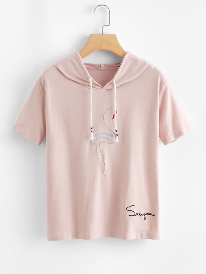 Romwe Crowned Crane Embroidered Hooded Tee