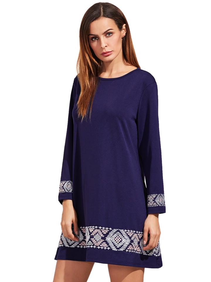 Romwe Royal Blue Floral Print Long Sleeve A Line Dress