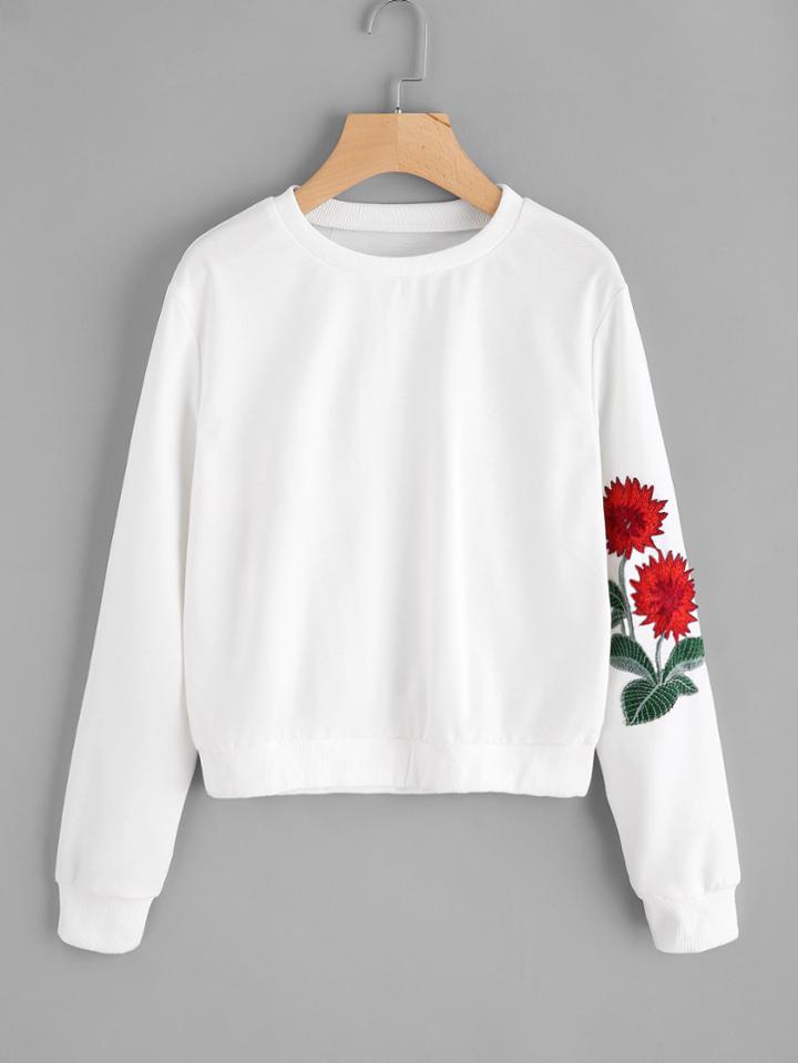 Romwe Embroidered Floral Applique Sweatshirt