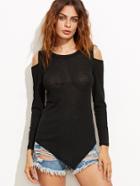 Romwe Black Open Shoulder High Low Semi Sheer T-shirt