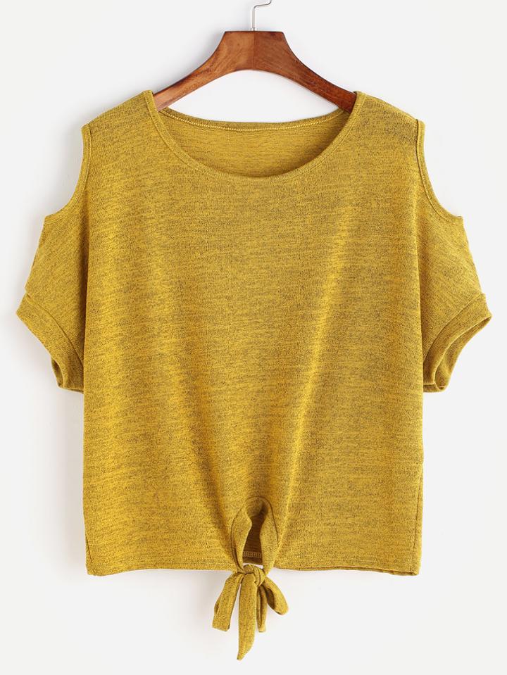 Romwe Yellow Cold Shoulder Knotted T-shirt