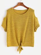 Romwe Yellow Cold Shoulder Knotted T-shirt