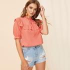Romwe Tie Neck Embroidery Eyelet Ruffle Top