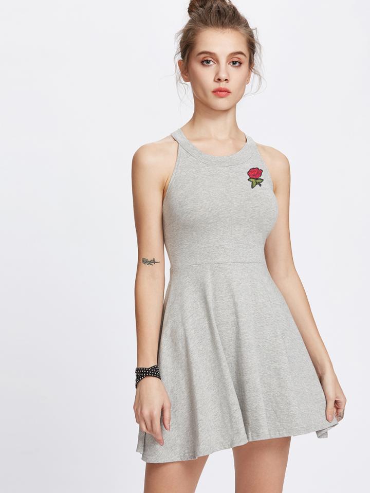 Romwe Halter Neck Rose Patch A Line Dress