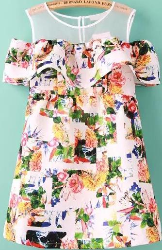 Romwe Open Shoulder Sheer Mesh Florals Dress