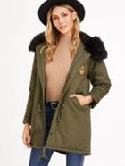 Romwe Army Green Patches Drawstring Faux Fur Trim Hooded Parka
