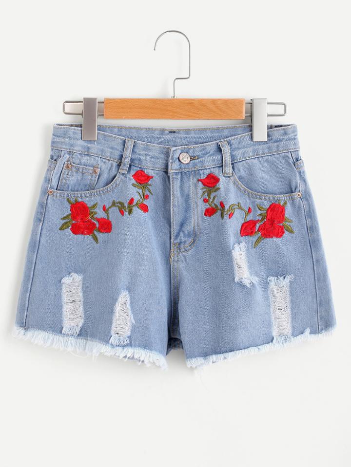 Romwe Floral Embroidered Fray Hem Destroyed Shorts