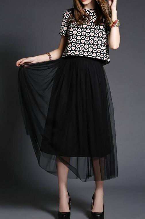 Romwe Heart Print Back Split Top With Mesh Skirt