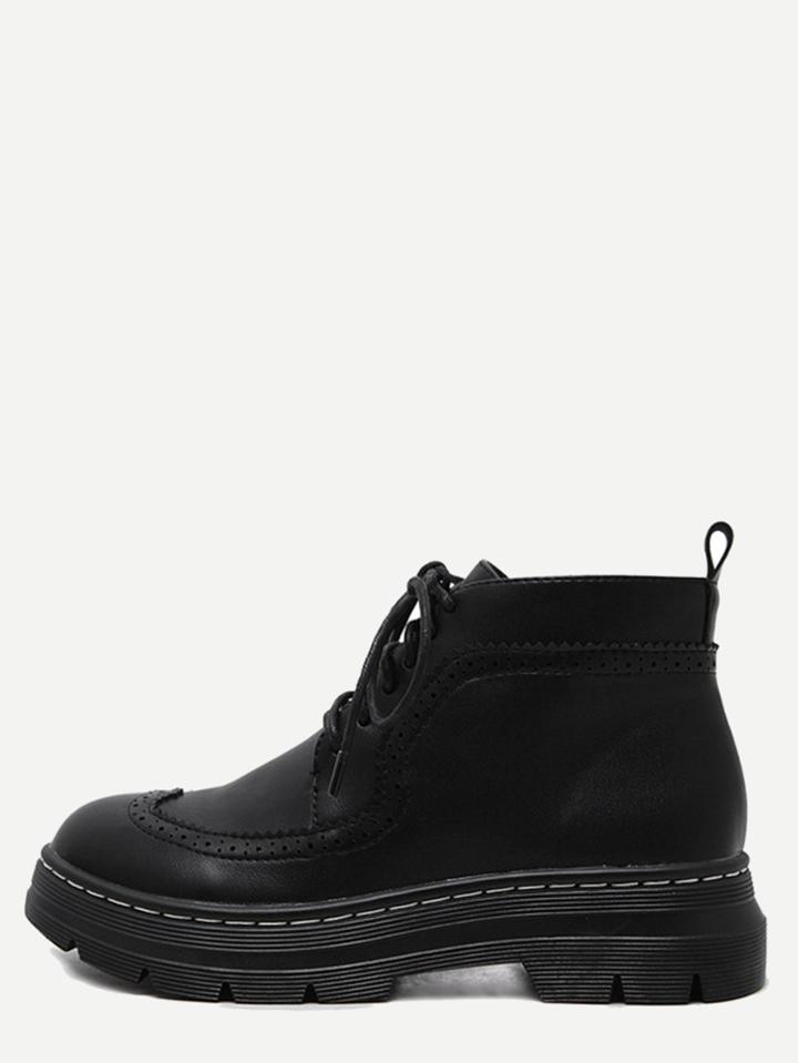 Romwe Black Vintage Faux Leather Wingtip Ankle Booties