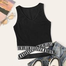 Romwe Criss-cross Letter Tape Tank Top
