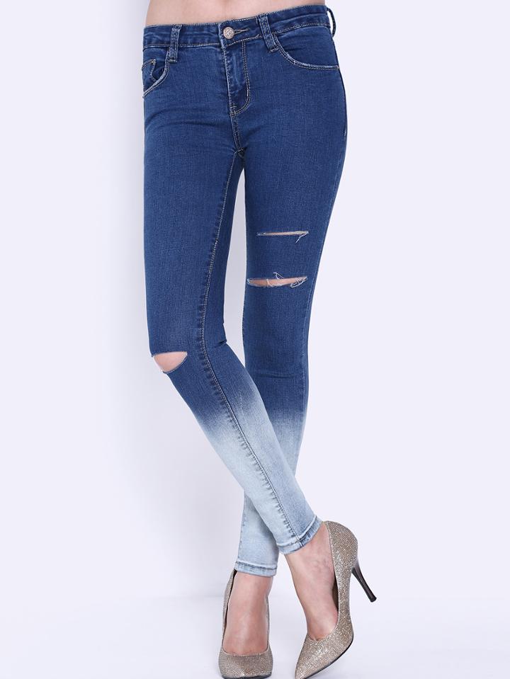 Romwe Ripped Ombre Denim Blue Pant