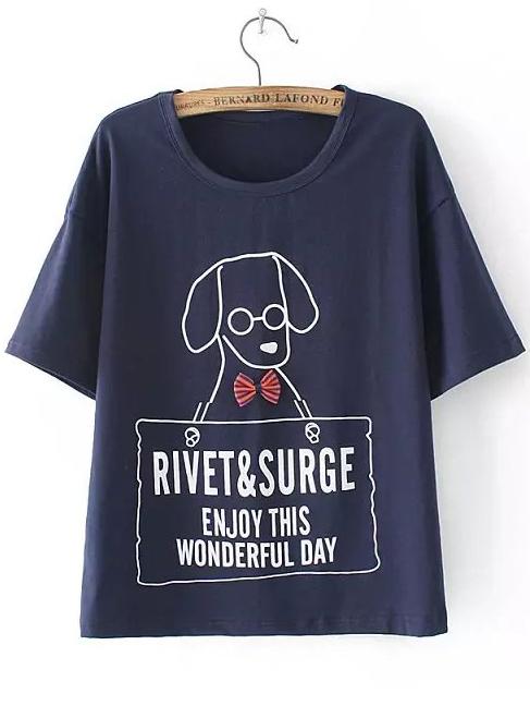 Romwe Dog Print Navy T-shirt