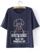 Romwe Dog Print Navy T-shirt