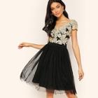 Romwe Floral Embroidery Mesh Overlay Dress