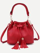 Romwe Red Faux Leather Tassel Drawstring Bucket Bag