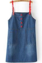 Romwe Straps With Buttons Pockets Denim Blue Dress