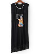 Romwe Black Sleeveless Printed Asymmetric Fringe Dress