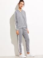 Romwe Light Grey Contrast Panel Hooded Sweatshirt With Drawstring Pants