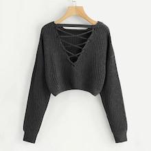 Romwe Lace-up V Back Crop Jumper